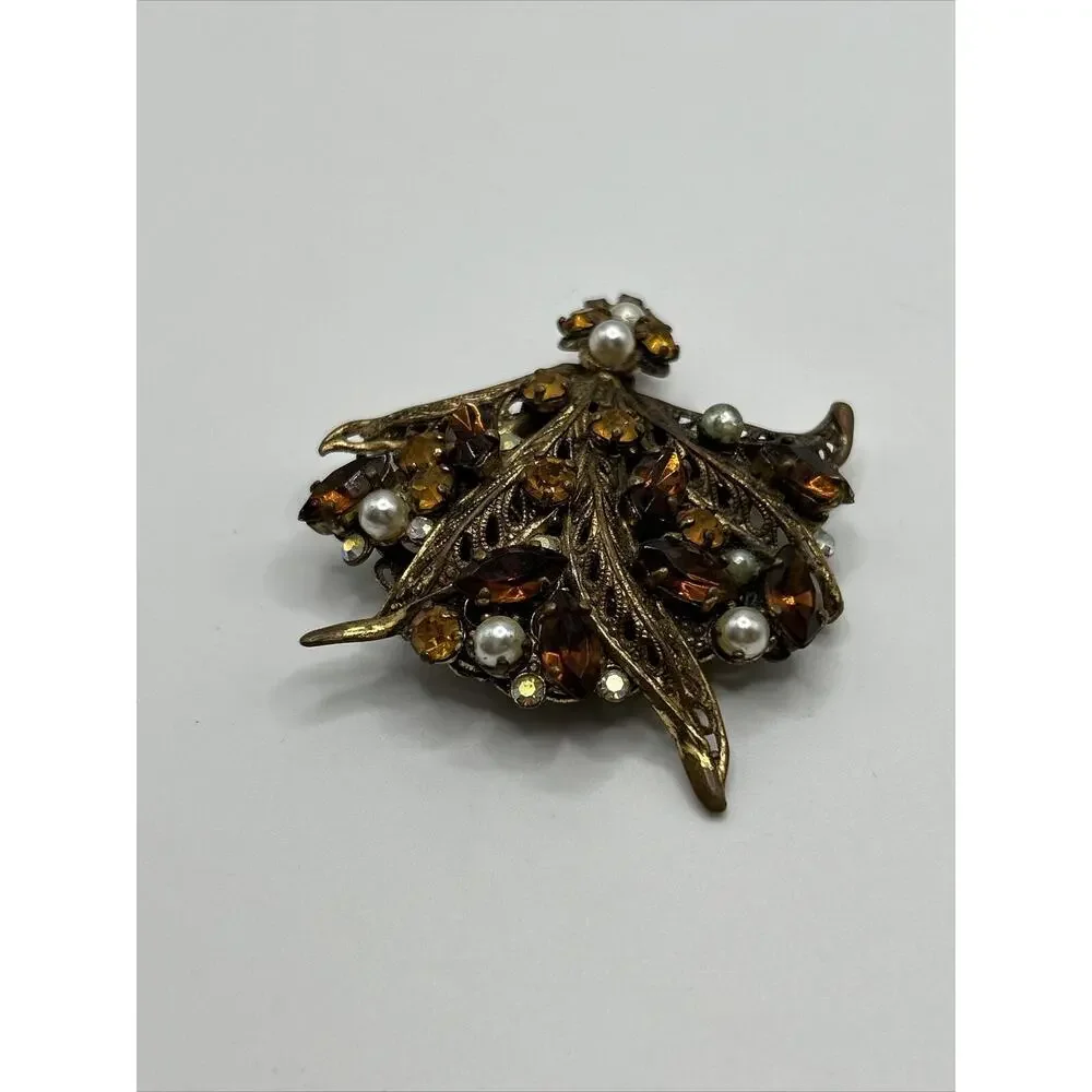 Vintage Floral Bouquet Brown Rhinestone‎ Faux Pearl Gold Tone Brooch Pin
